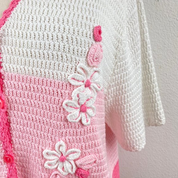 Vintage 90s Sag Harbor Pink Knit Sweater Top 100% Cotton Short Sleeves Spring Lg - Picture 3 of 8